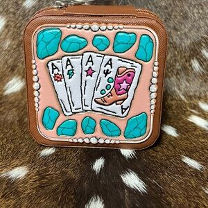 Brown and Teal Card-Themed Women's Travel Jewelry Case